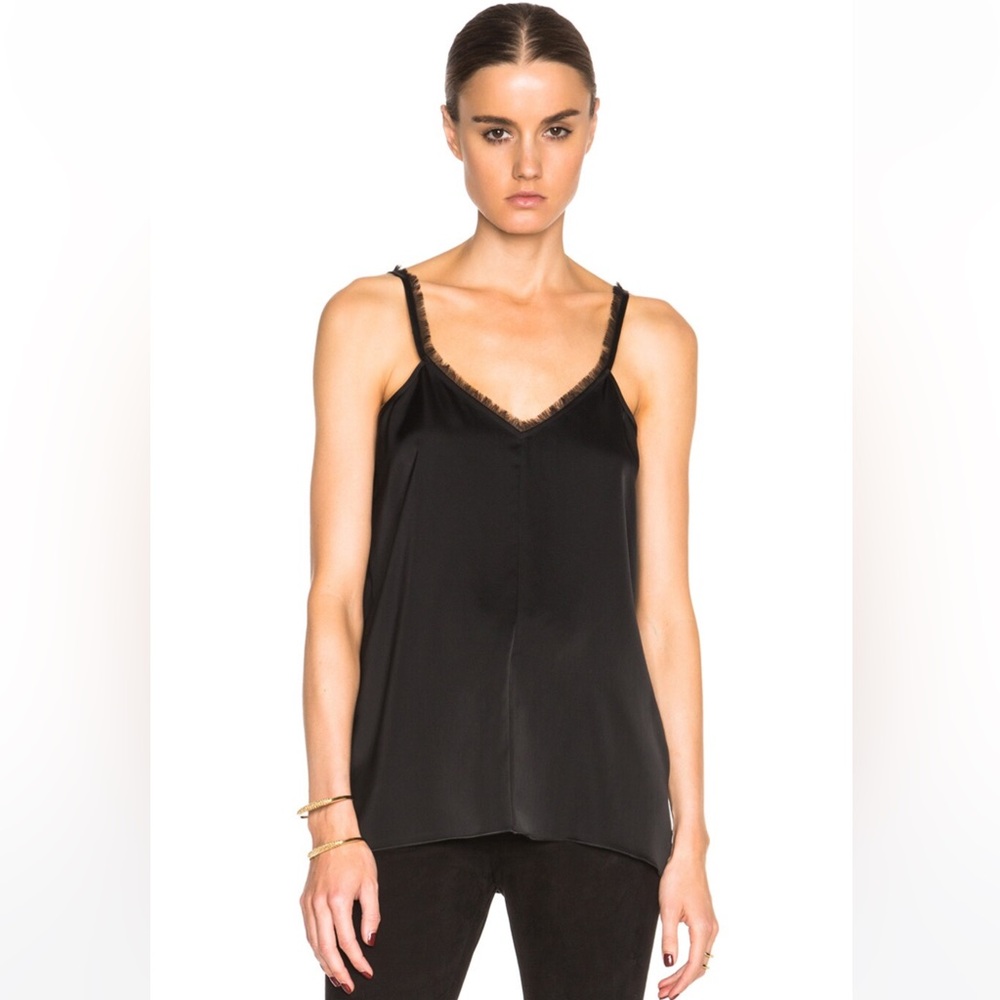 ATM Anthony Thomas Melillo Black Fringe Satin V-Neck Tank Top